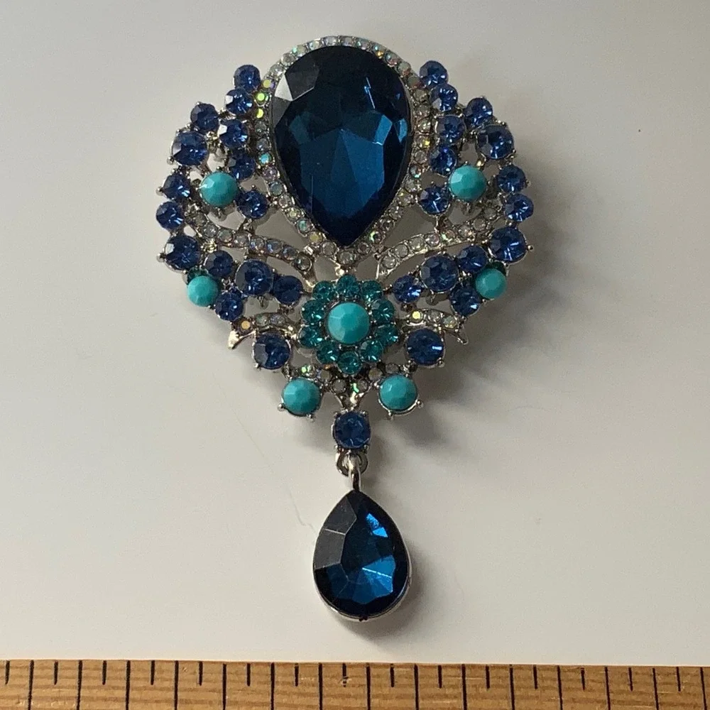 Vintage Style Royal Blue Rhinestone Dangle Teardrop Statement Brooch Pin